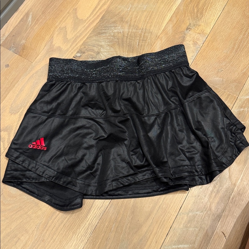 Adidas Shiny Black Tennis Skirt with Red Logo